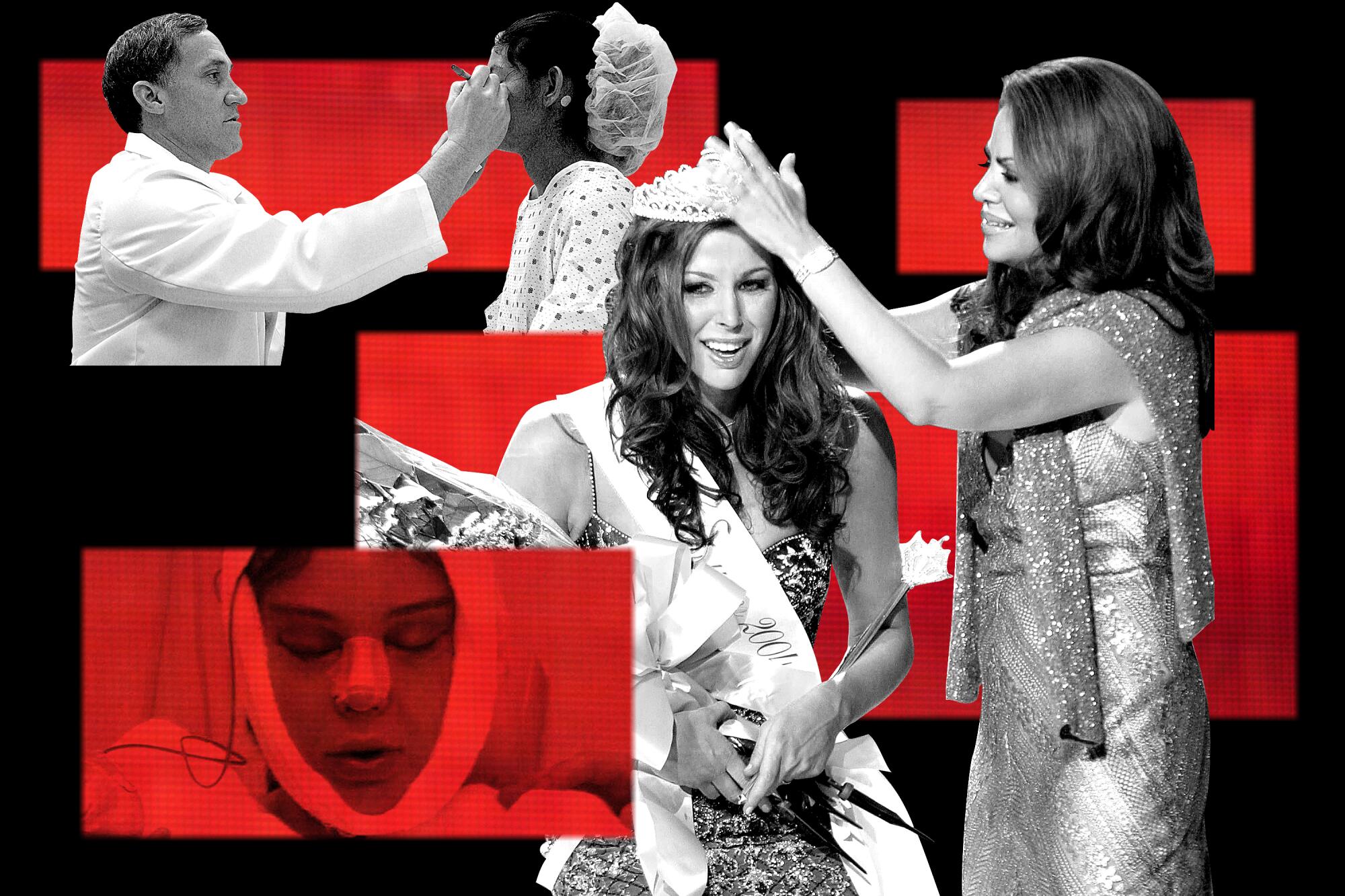 A graphic with red squares and black and white photos of a doctor, a patient, a woman in bandages and woman being crowned.