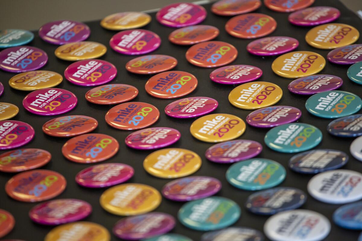 Campaign buttons for Michael R. Bloomberg as seen at the opening of the campaign's Wheat Ridge, Colo., field office