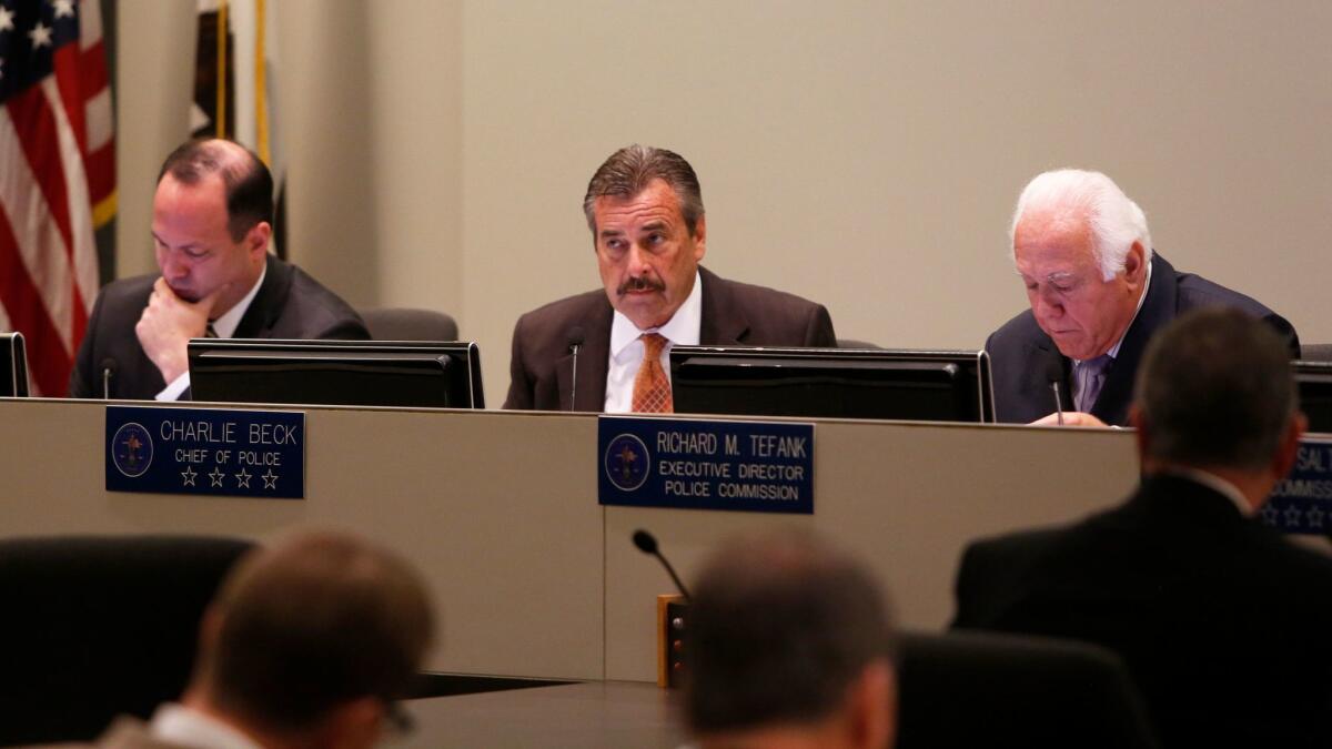 Inspector general Alex Bustamante, from left, LAPD Chief Charlie Beck and executive director Richard Tefank at a Los Angeles Police Commission meeting. Bustamante has been named to an oversight role in the University of California system.