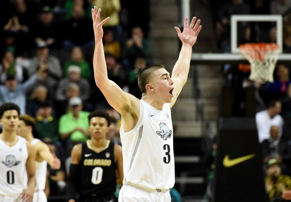 Oregon's Payton Pritchard reacts after hitting a shot against Colorado on Feb. 13 in Eugene, Ore.