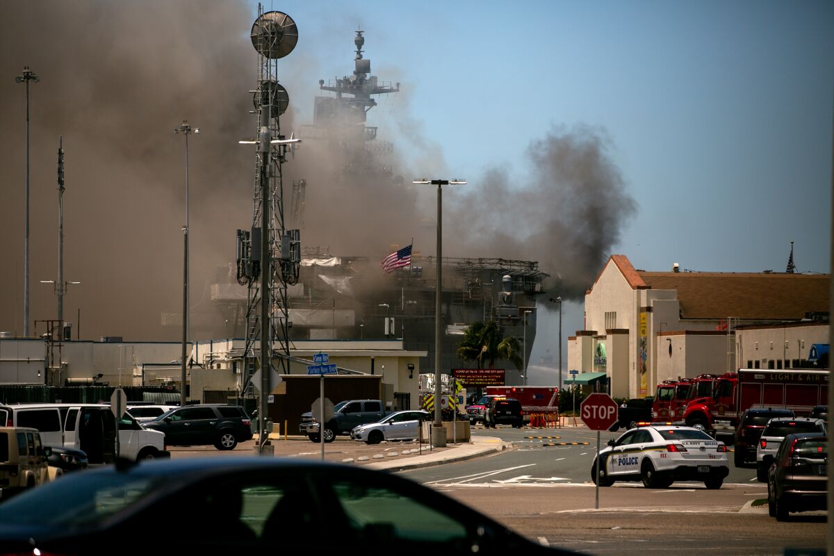 Emergency crews responded to the scene of a fire aboard the USS Bonhomme Richard on Sunday, July 12, 2020 in San Diego, CA.