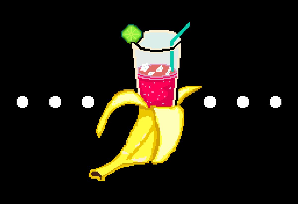 A pixelated illustration of a banana peel opening to reveal a cocktail.