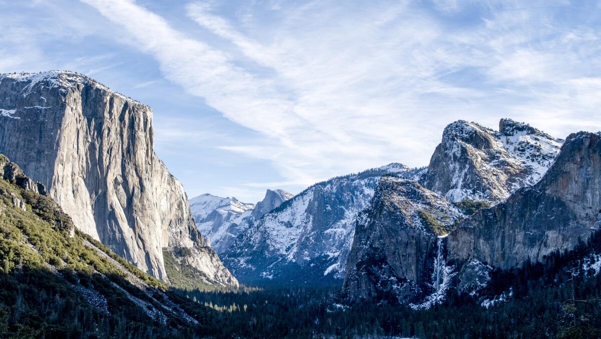 A view of El Capitan, Half Dome and Bridalveil Fall in Yosemite National Park.
