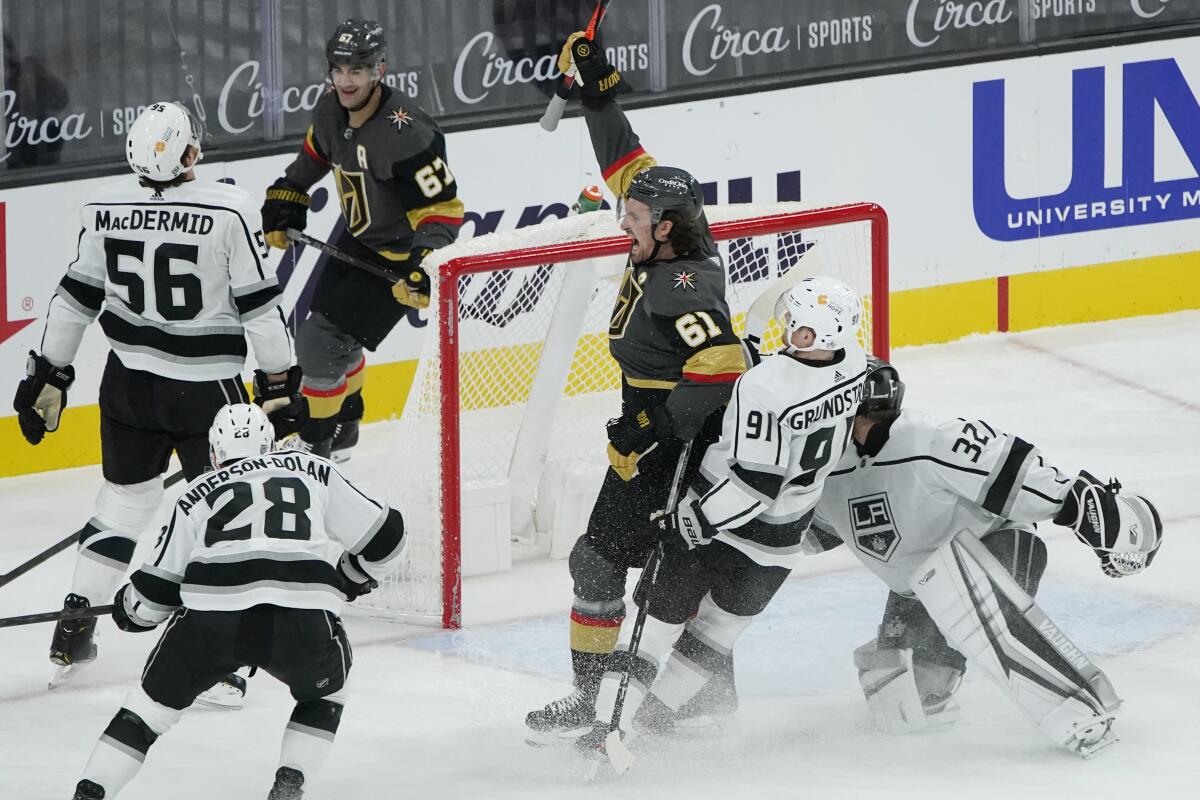 Vegas right wing Mark Stone celebrates his first-period goal against Kings goalie Jonathan Quick.