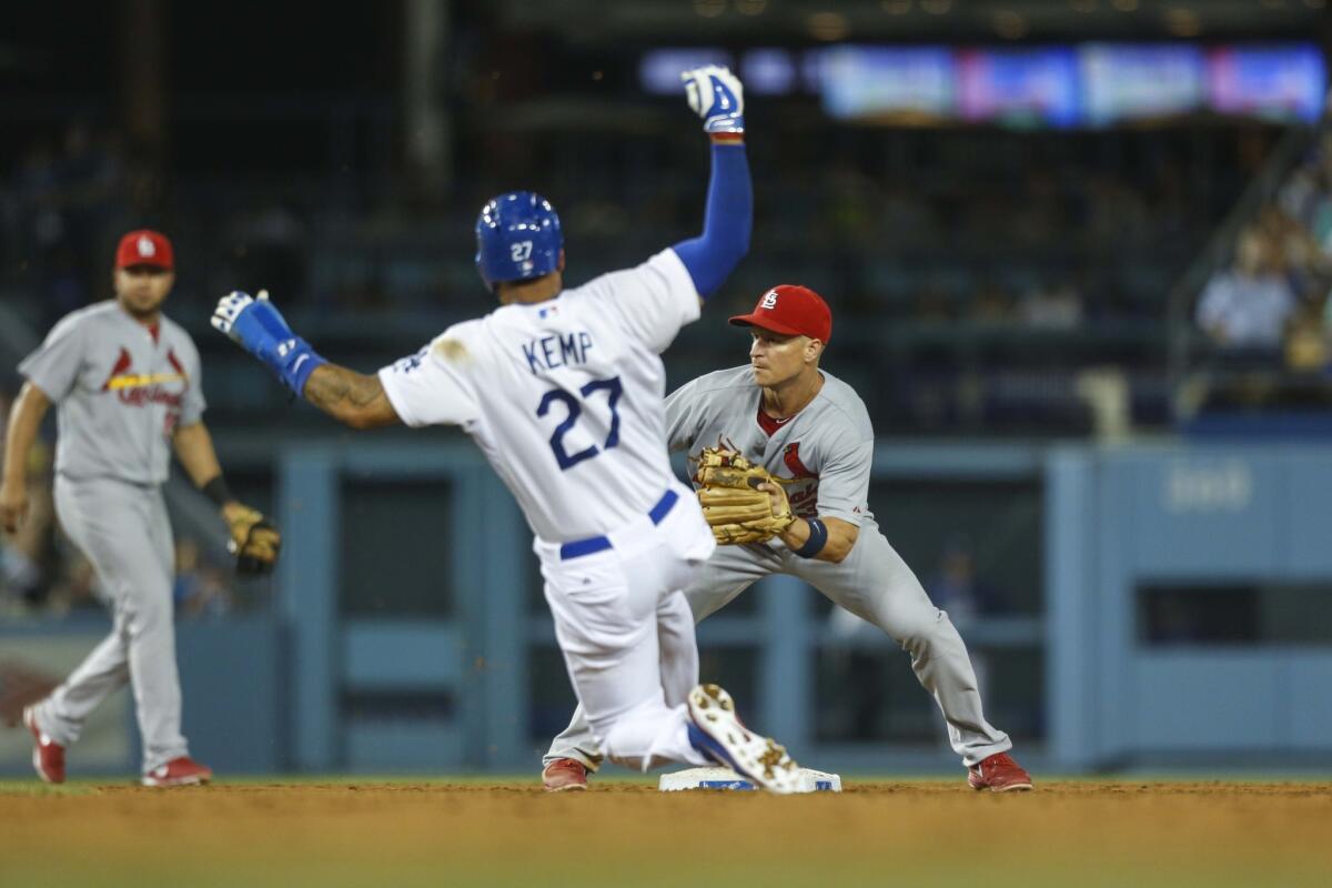 Matt Kemp is tagged out at second base by St. Louis' Mark Ellis. Kemp was one for four at the plate with a strike out in the Dodgers' 3-1 loss to the Cardinals on Friday at Dodger Stadium.