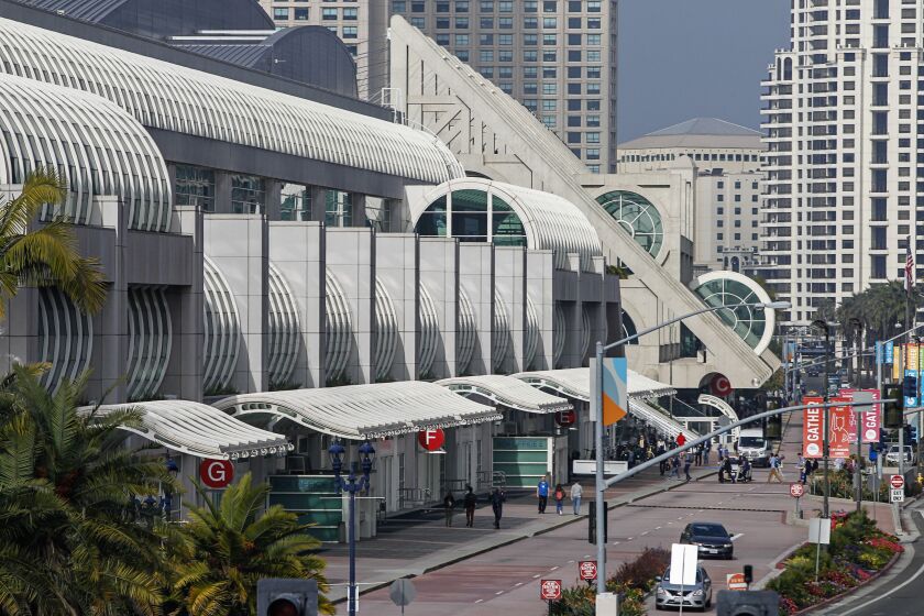 This is the San Diego Convention Center along Harbor Drive in downtown on February 18, 2020 in San Diego, California. Measure C, a hotel tax hike on the March 3rd ballot, will raise money for a major convention center expansion, homelessness and road repairs.