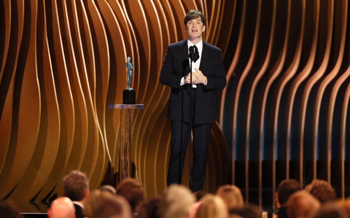 Cillian Murphy delivers a speech on stage at the SAG Awards. 