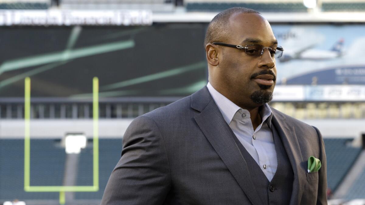 Former Philadelphia Eagles quarterback Donovan McNabb during a television interview before a game between the Kansas City Chiefs and Eagles in Philadelphia on Sept. 19, 2013.