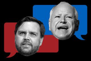 photo illustration of JD Vance and Tim Walz over blue and red talk balloons