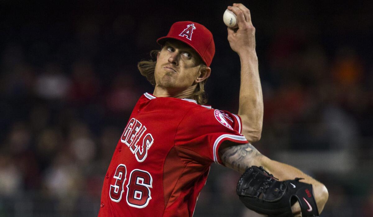 Angels starter Jered Weaver delivers a pitch during the team's loss to the Washington Nationals on Wednesday.