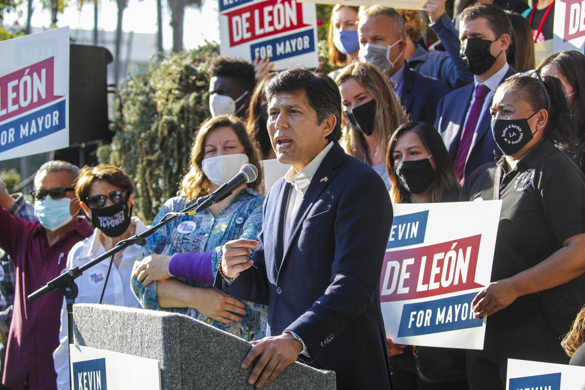 L.A. City Councilman Kevin de León speaks at a lectern.