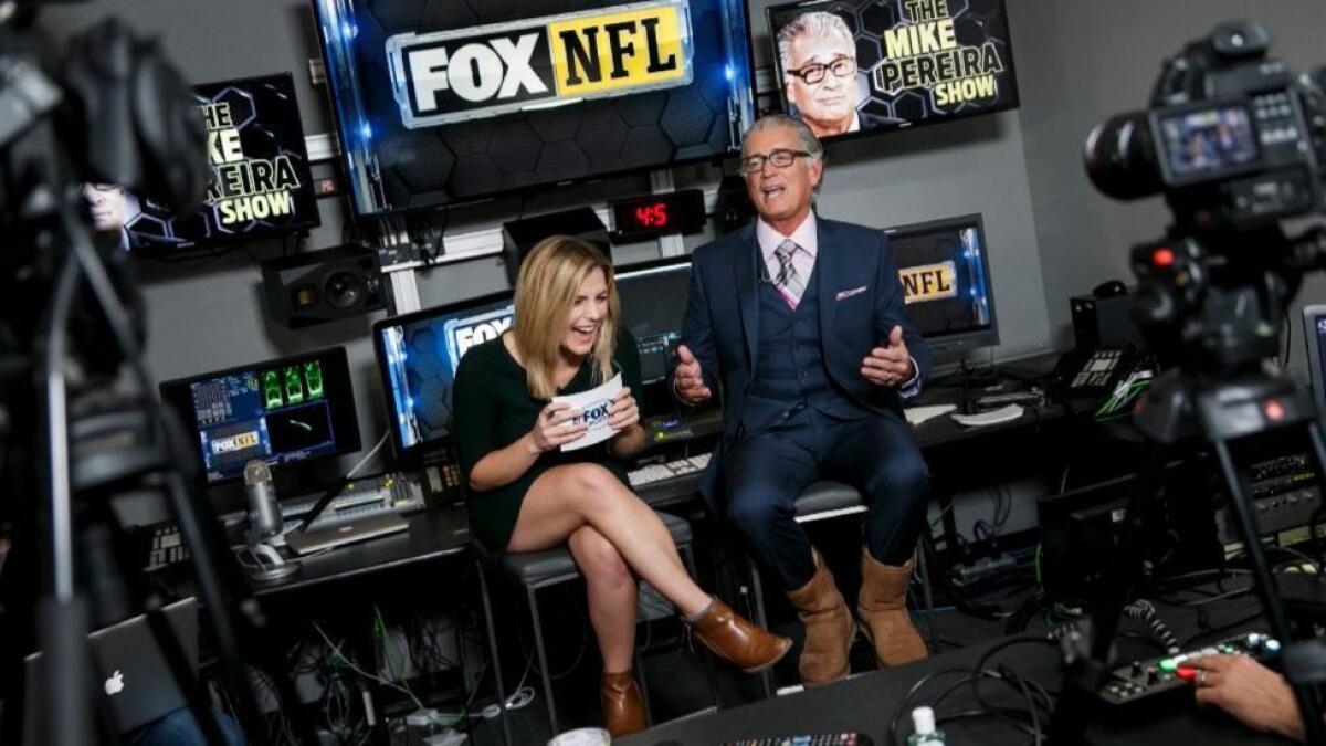 Mike Pereira does his Facebook live show at the Fox studios in Los Angeles on Nov. 20.