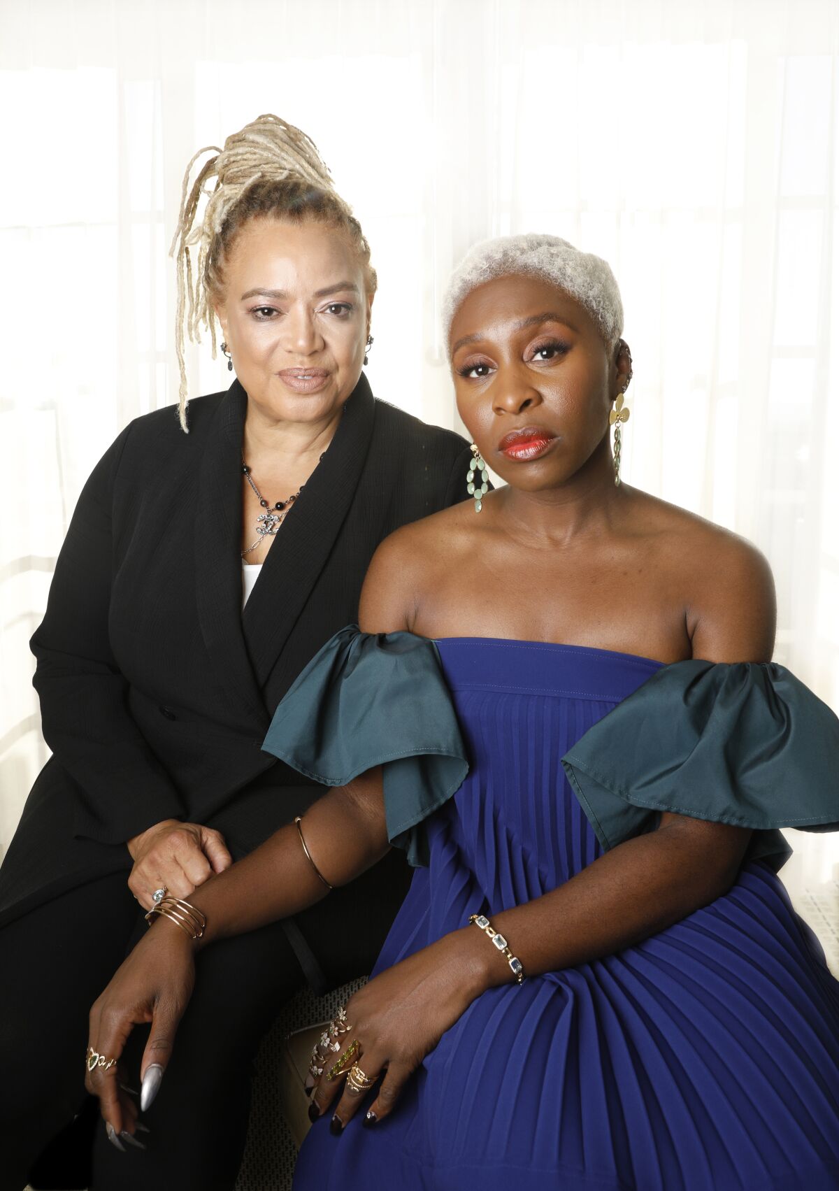 Director Kasi Lemmons (left) and star Cynthia Erivo of the movie "Harriet," a biopic about Harriet Tubman from Focus Features. The two were photographed in Los Angeles on Sept. 12, 2019.