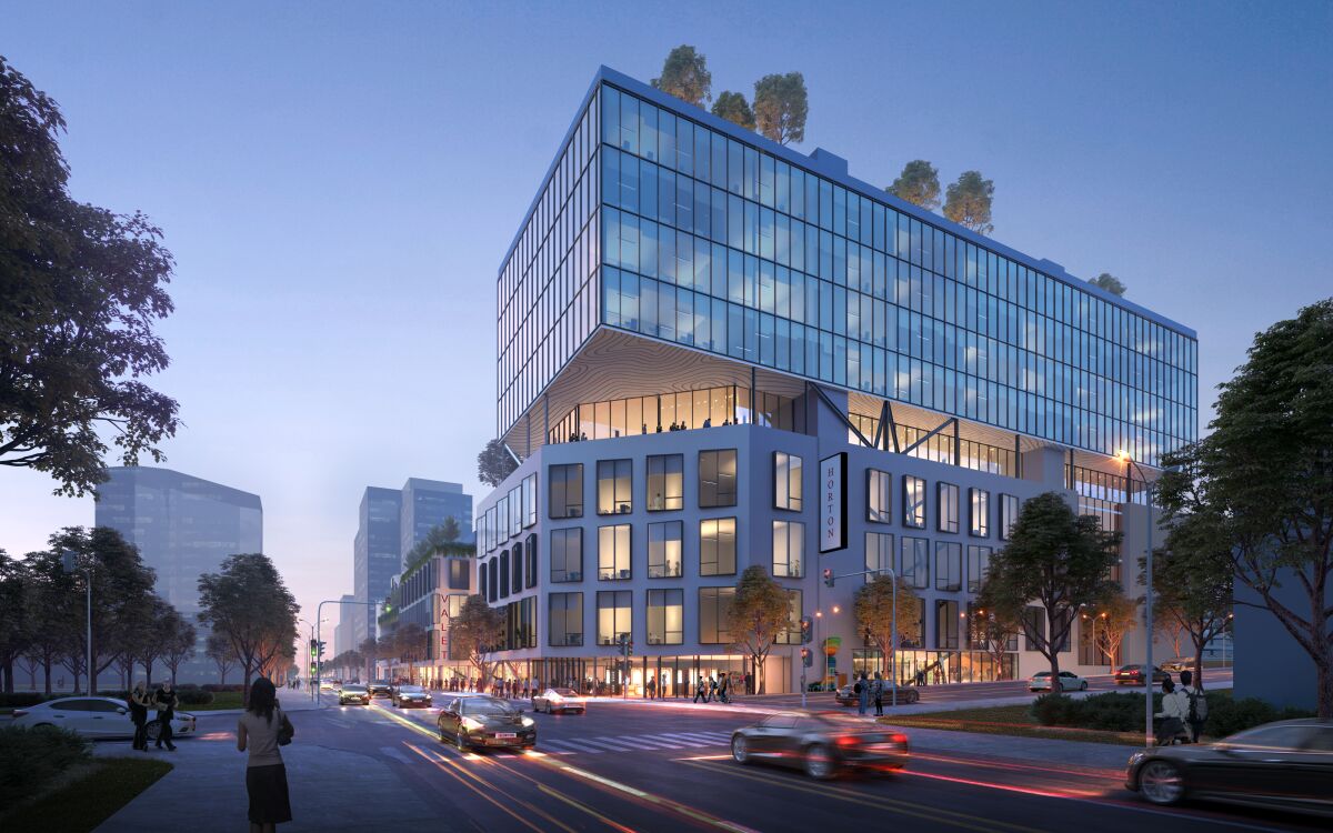 An artist rendering shows the proposed redevelopment of Horton Plaza as an office campus. The former Nordstrom building is pictured with four new floors, which would add 150,000 square feet of space to the building