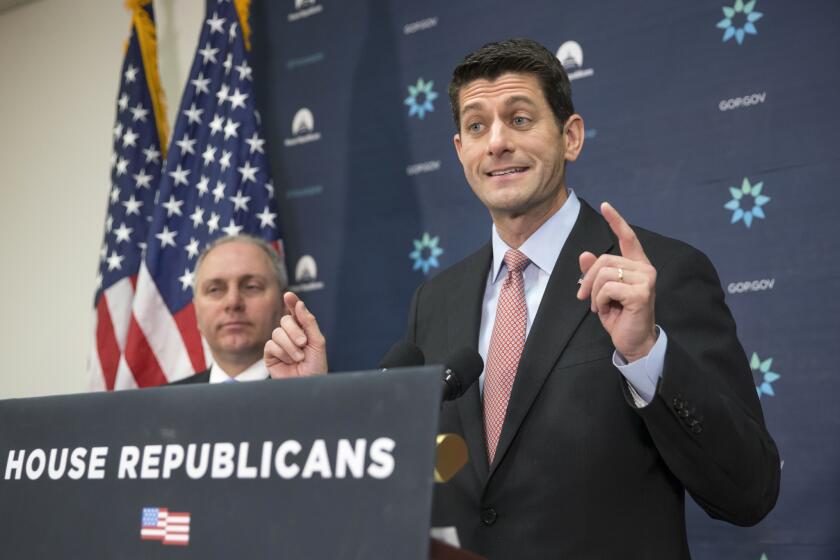 House Speaker Paul Ryan, right, shown with House Majority Whip Steve Scalise, faces pressure from Republicans in Congress -- and on the presidential campaign trail -- to stop the program that expects to resettle at least 10,000 Syrian refugees this fiscal year.