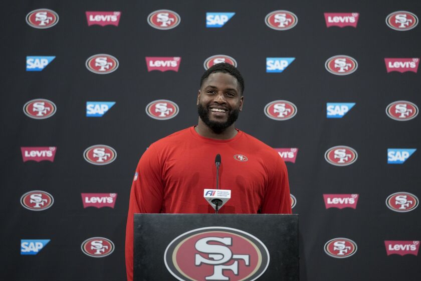 San Francisco 49ers defensive tackle Javon Hargrave speaks to reporters after an NFL football practice, Wednesday, June 7, 2023, in Santa Clara, Calif. (AP Photo/Godofredo A. Vásquez)