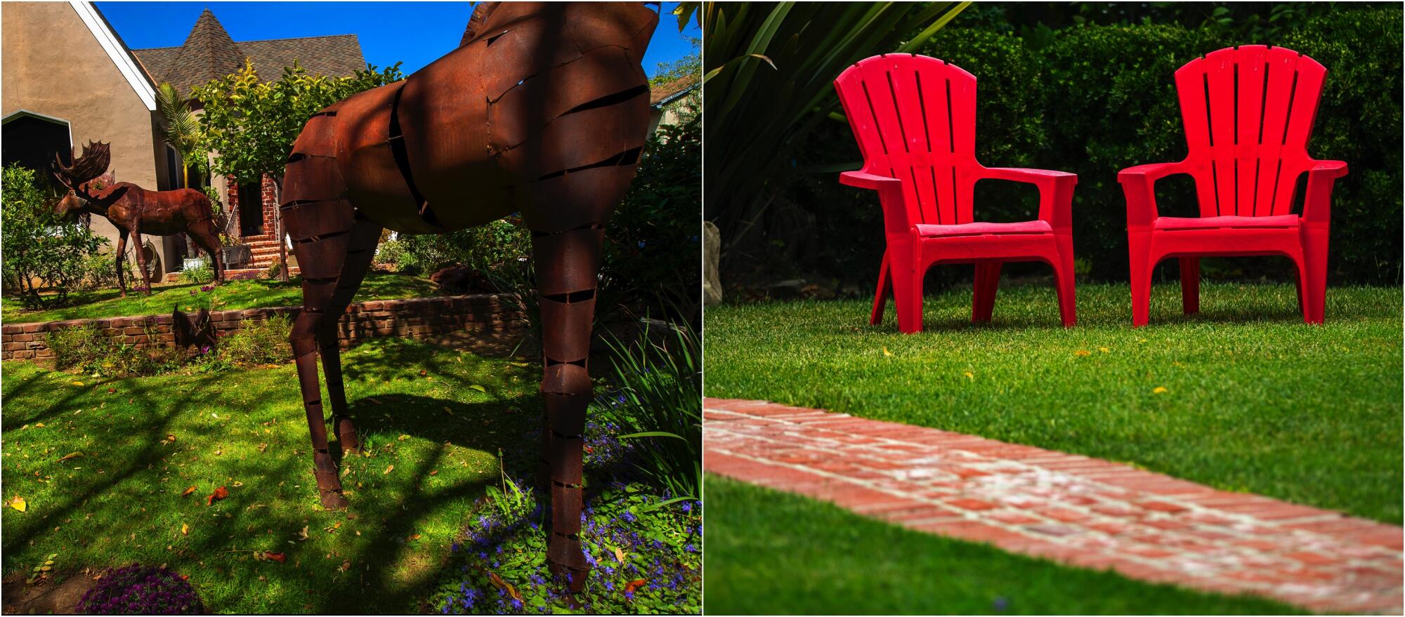 At left, animal sculptures on a lawn. At right, red chairs on a lawn.