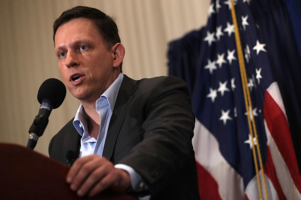 Peter Thiel, shown speaking in Washington in 2016, recently has been stoking anti-China sentiment and goading the Trump administration to intensify the trade war.