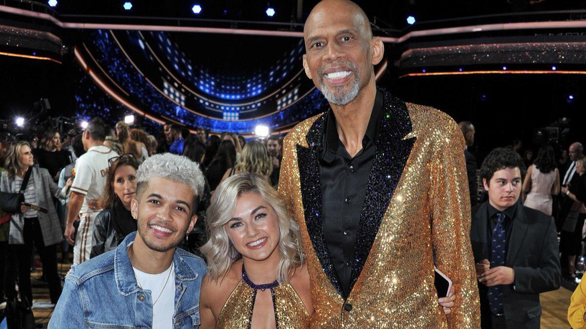 Jordan Fisher, Lindsay Arnold and Kareem Abdul-Jabbar attend ABC's "Dancing With The Stars: Athletes" Season 26 show on Monday