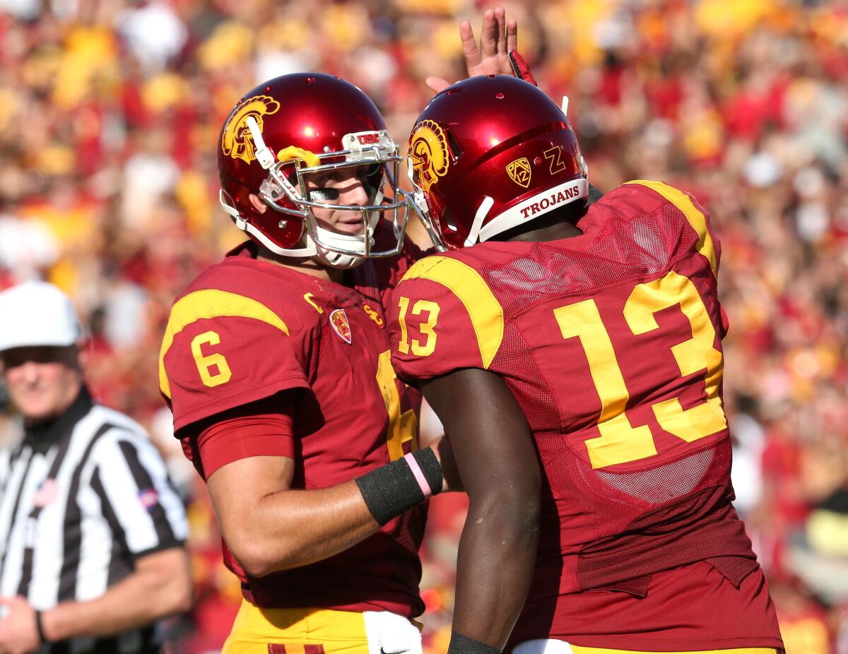 USC quarterback Cody Kessler and tight end Bryce Dixon celebrate after a touchdown against Colorado on Oct. 18.