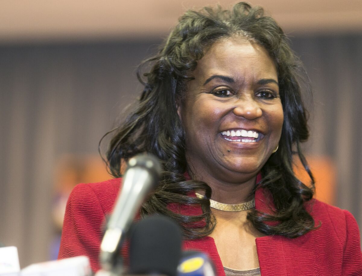 Michelle King smiles as she presented as LAUSD's next superintendent by members of the board of education during a news conference in Los Angeles on Jan. 11.