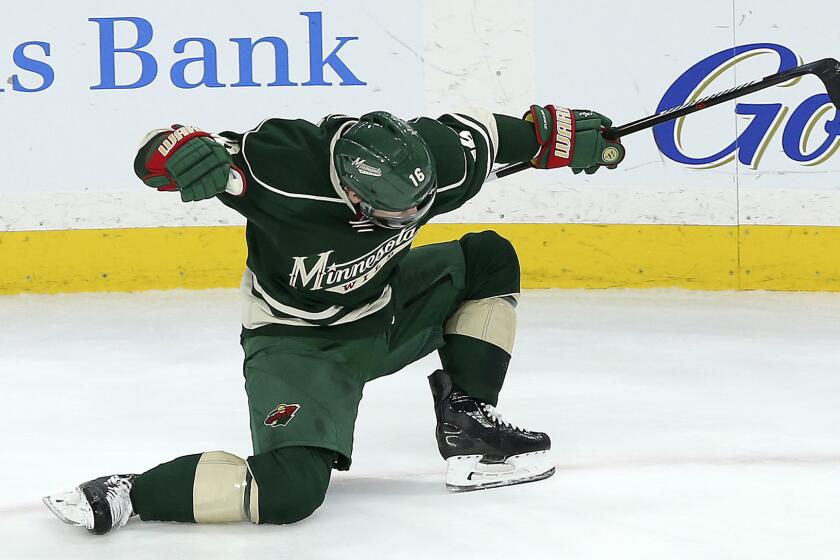 Wild left wing Jason Zucker celebrates after scoring a goal against the Ducks during the third period Saturday night.