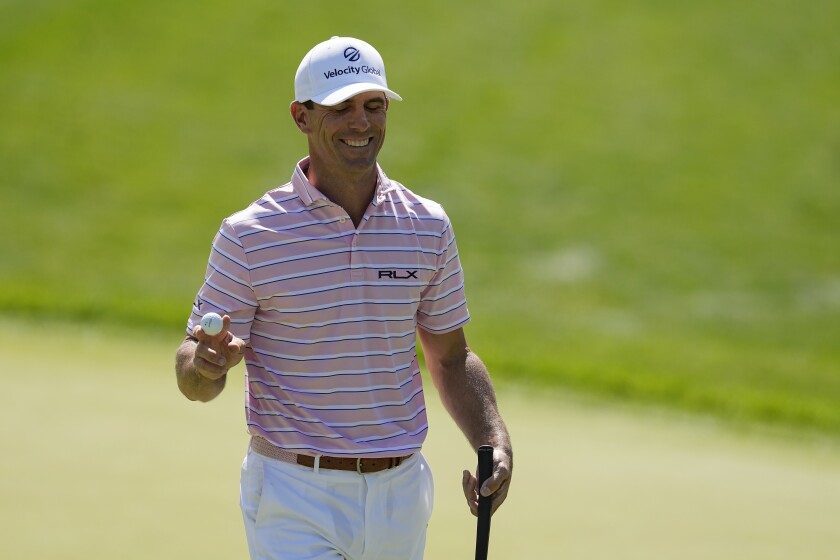 Billy Horschel leaves the 13th green after making a birdie putt in the third round at the Memorial on June 4, 2022.