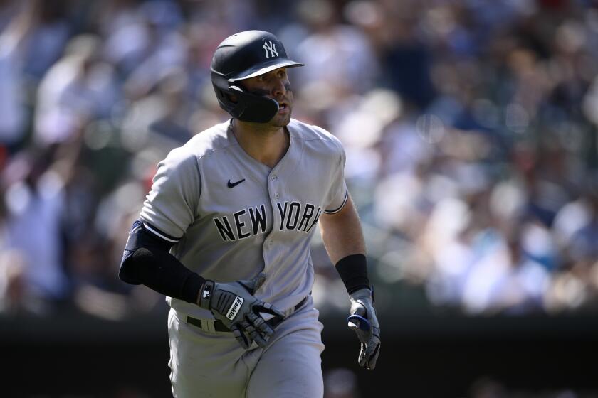 New York Yankees' Joey Gallo in action during a baseball game against the Baltimore Orioles, Sunday, July 24, 2022, in Baltimore. (AP Photo/Nick Wass)
