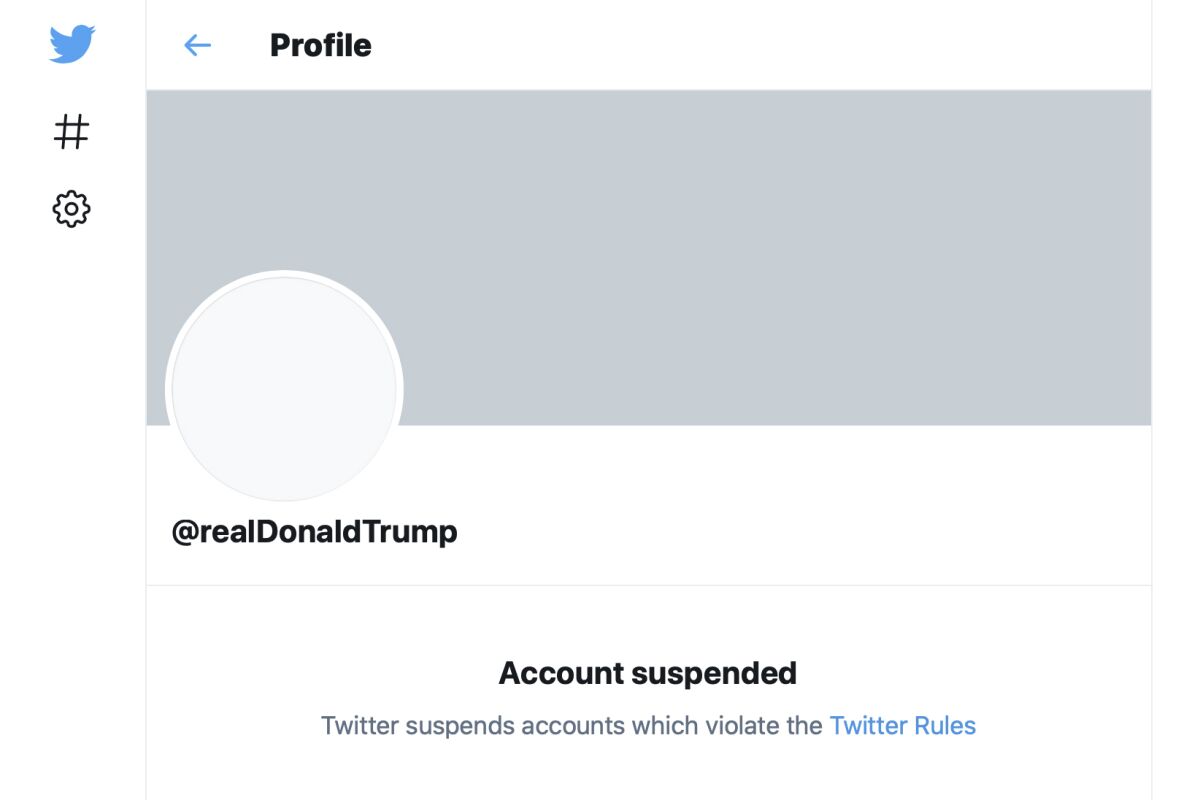 This Friday, Jan. 8, 2021 image shows the suspended Twitter account of President Donald Trump. On Friday, the social media company permanently suspended Trump from its platform, citing "risk of further incitement of violence." (AP Photo)