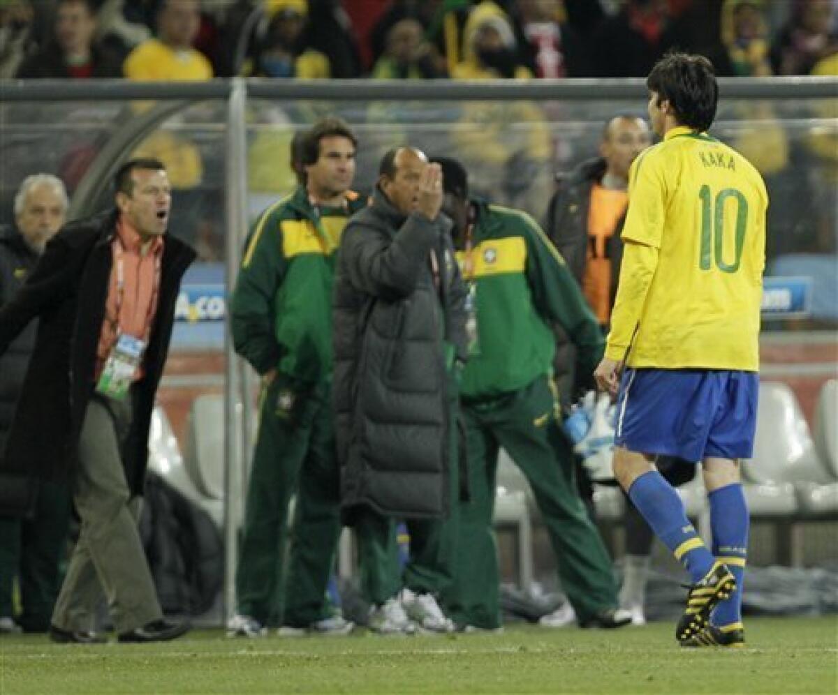 Brazil's Kaka leaves the field after being given a red card during the World Cup group G soccer match between Brazil and Ivory Coast at Soccer City in Johannesburg, South Africa, Sunday, June 20, 2010. Brazil won 3-1. (AP Photo/Yves Logghe)