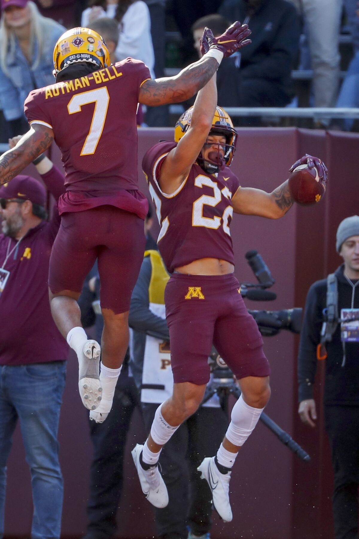 Minnesota wide receiver Mike Brown-Stephens (22) celebrates his touchdown reception with wide receiver Chris Autman-Bell (7) in the second quarter of an NCAA college football game against Nebraska, Saturday, Oct. 16, 2021, in Minneapolis. (AP Photo/Bruce Kluckhohn) /// [EXTERNAL] 103