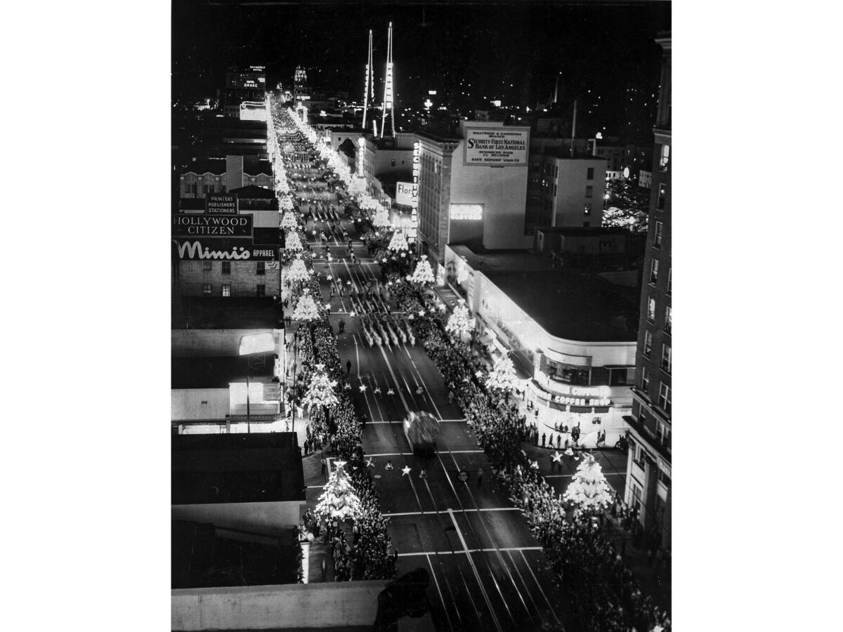Nov. 22, 1950: The 19th annual Santa Claus Lane Parade proceeds down Hollywood Boulevard on Thanksgiving eve.