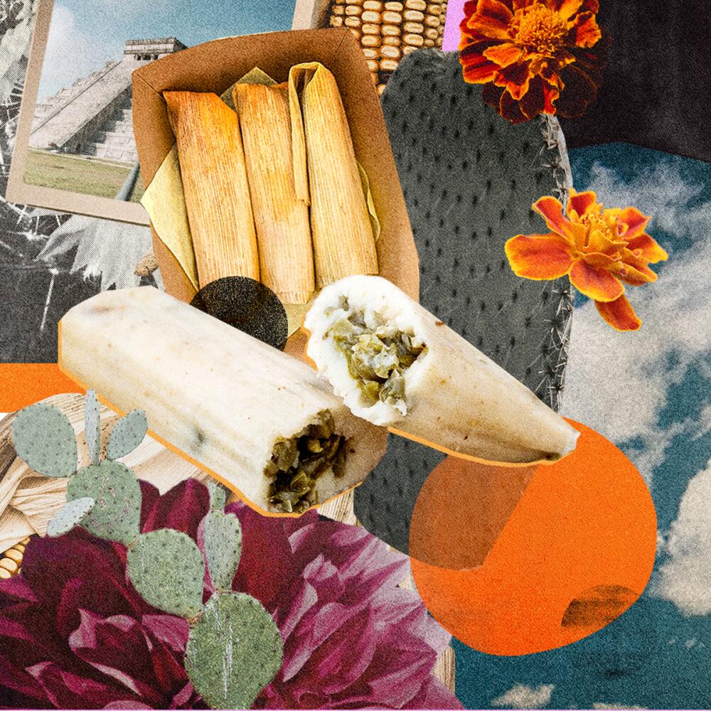 Collage of tamales, flowers, cactuses