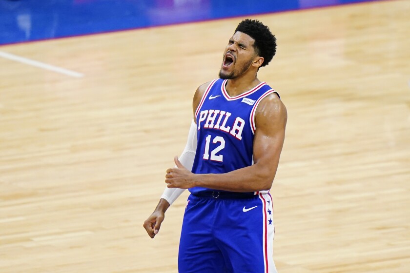 Philadelphia 76ers' Tobias Harris reacts after making a basket during the second half of Game 5 in a first-round NBA basketball playoff series against the Washington Wizards, Wednesday, June 2, 2021, in Philadelphia. (AP Photo/Matt Slocum)
