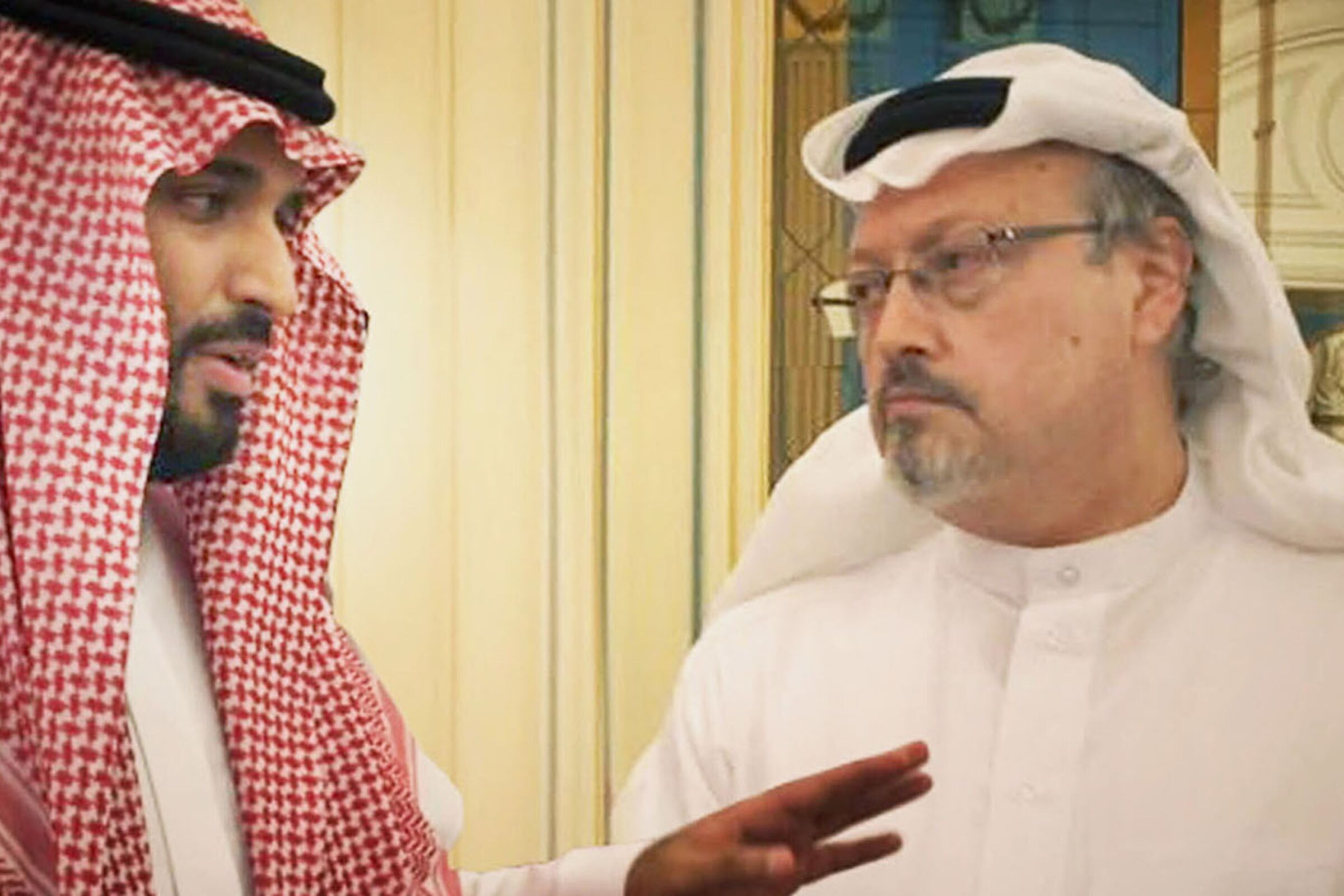 Saudi Crown Prince Mohammed bin Salman, left, and journalist Jamal Khashoggi in the documentary "The Dissident."