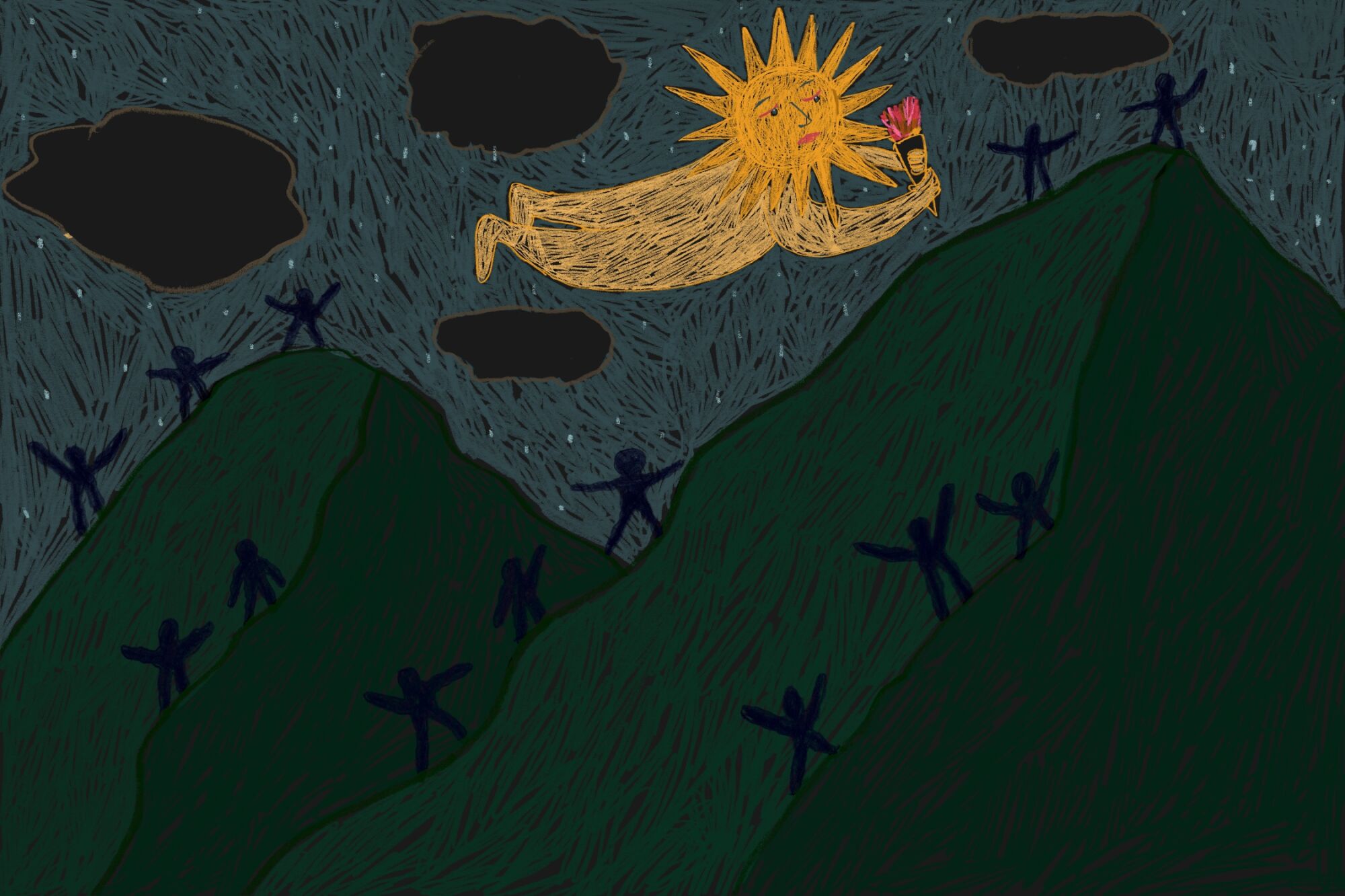 A drawing of Kakunupmawa with Chumash people hiking the sacred mountain and Old Man Sun carrying a torch through the sky