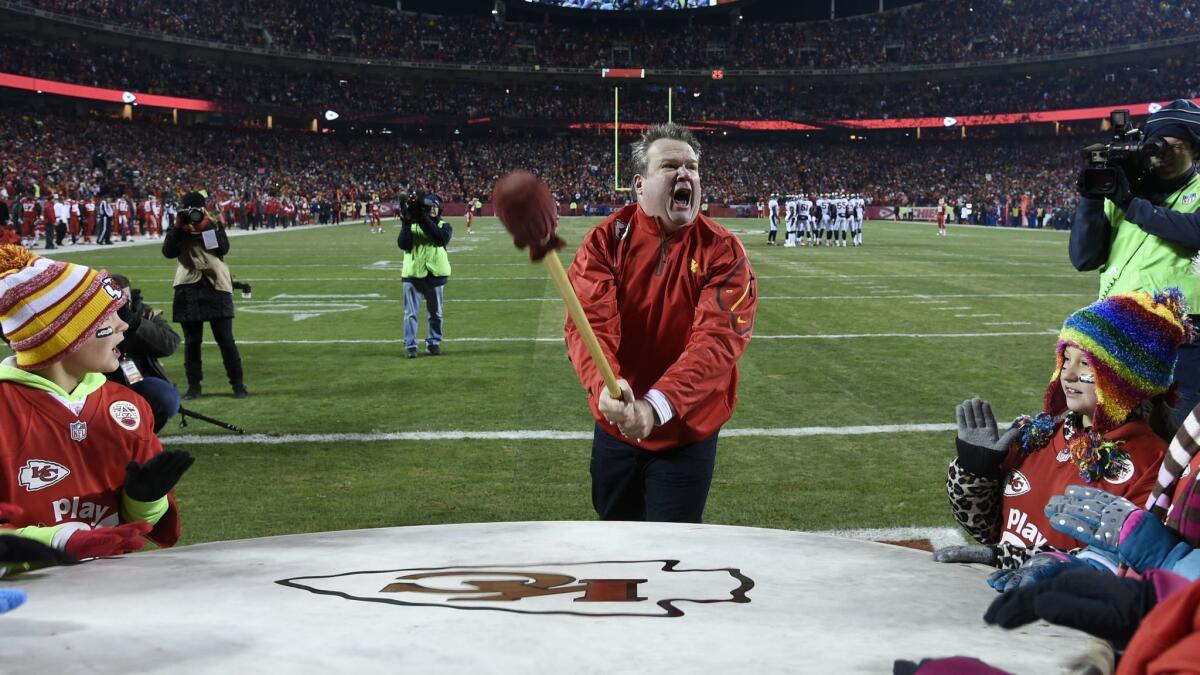 "Modern Family" star Eric Stonestreet beats the war drum before the Kansas City Chiefs play the Denver Broncos at Arrowhead Stadium on Nov. 30, 2014.