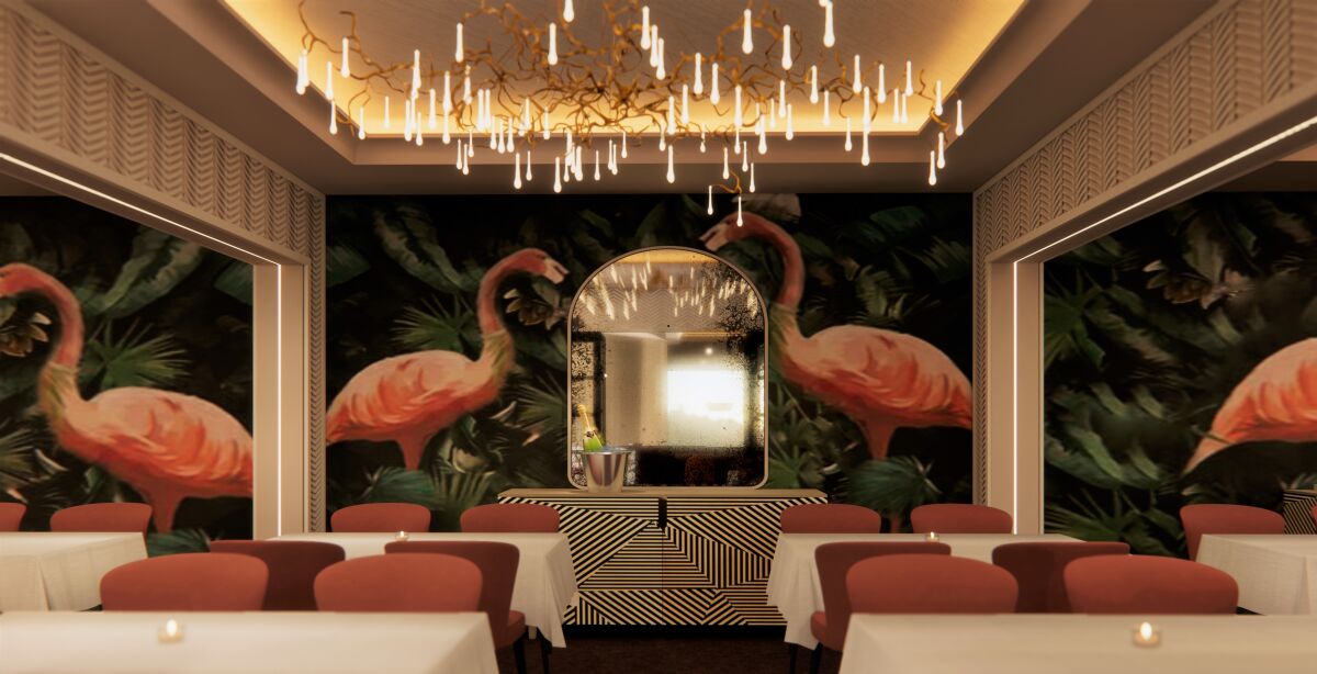 An artist's rendering of the planned Bugsy and Meyer's Steakhouse at the Flamingo Las Vegas with paintings of the pink birds on the walls.