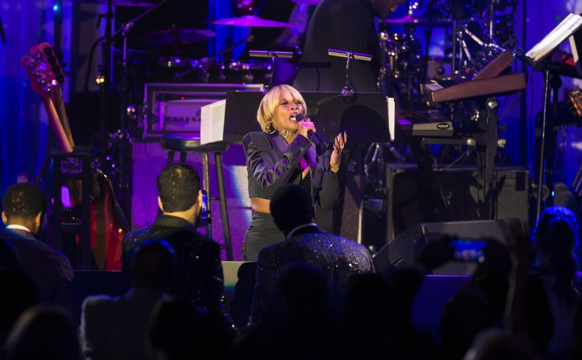 Mary J Blige brings down the house with "No More Drama" during Clive Davis' annual pre-Grammy bash at the Beverly Hilton earlier this year. (Gina Ferazzi / Los Angeles Times)