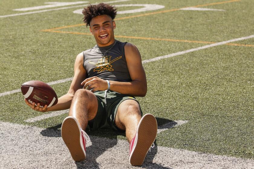 CALABASA, CA -- TUESDAY, JUNE 20, 2018-- Moorpark receiver Drake London is a two-sport standout, with basketblal offers from Viriginia and University of Southern California and football offers from University of California Los Angeles. (Maria Alejandra Cardona / Los Angeles Times)