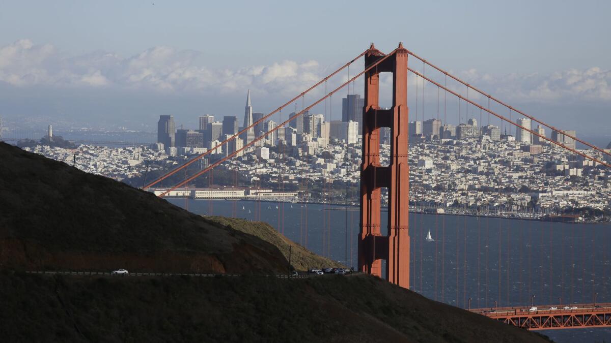 The Golden Gate Bridge and San Francisco skyline as seen from the Marin Headlands above Sausalito, Calif. on Oct. 28, 2015.