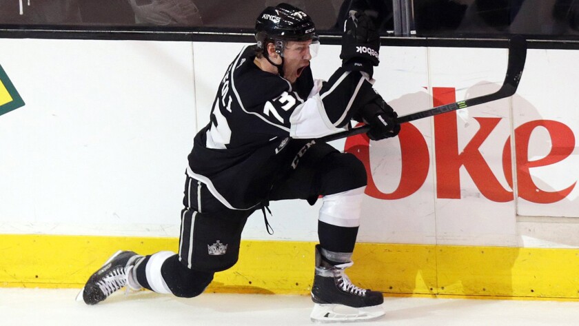 Kings forward Tyler Toffoli celebrates after scoring during the second period of the team's 4-3 win over the Chicago Blackhawks in Game 3 of the Western Conference finals Saturday. Toffoli has played a big role in helping the Kings move to within two wins of the Stanley Cup final.