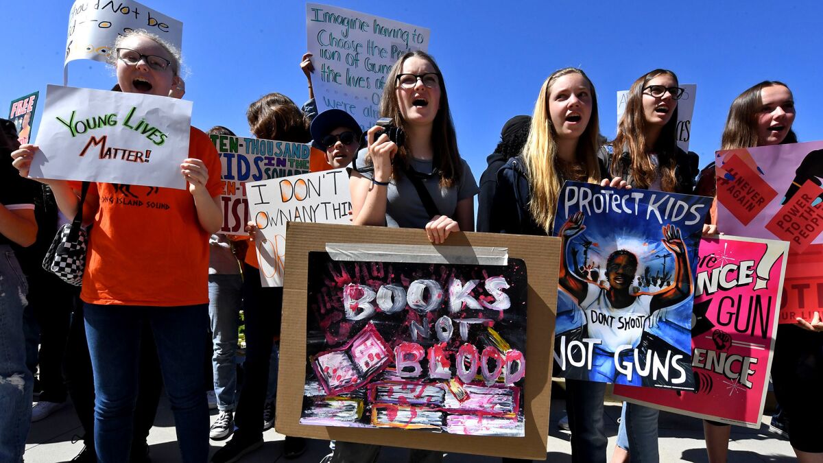 Students in Santa Monica participate in a walkout demonstration as part of the National School Walkout for Gun Violence Prevention campaign on Apr. 20, 2018.