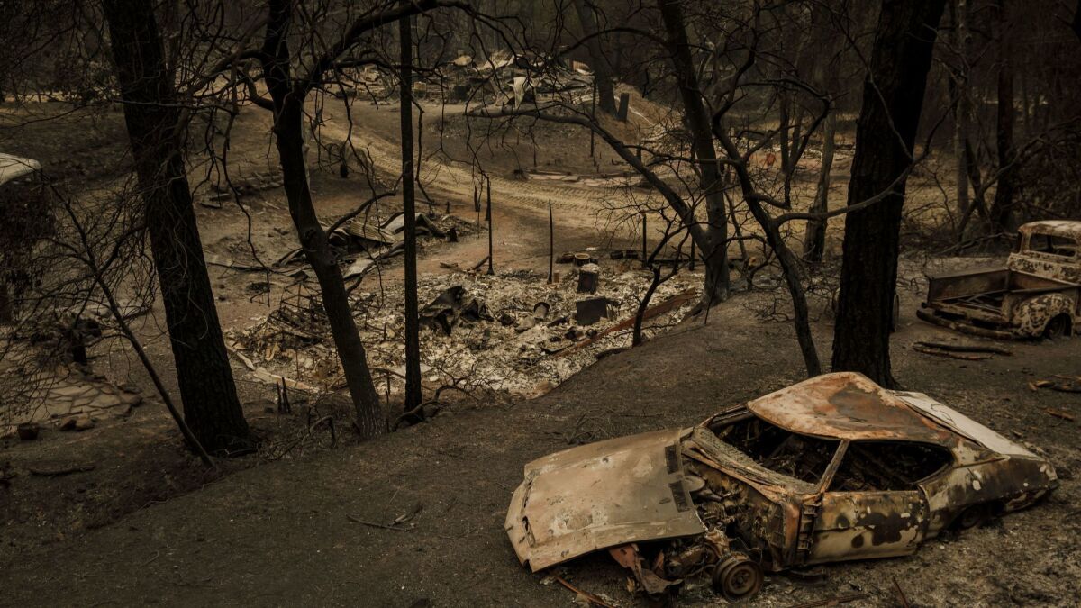 Wildfire swept through and destroyed property and structures in Shasta, Calif., on July 28, 2018.