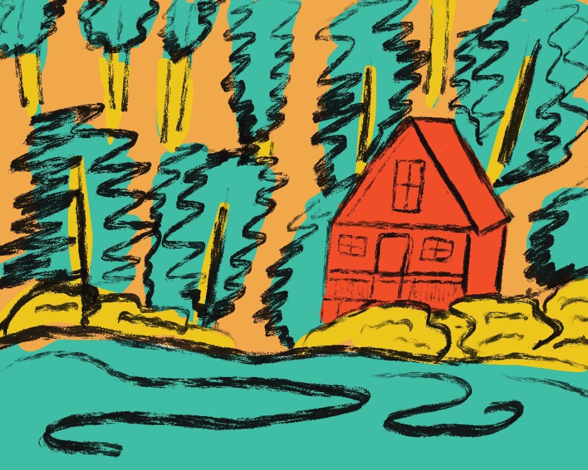 An illustration of a cabin on a lake.