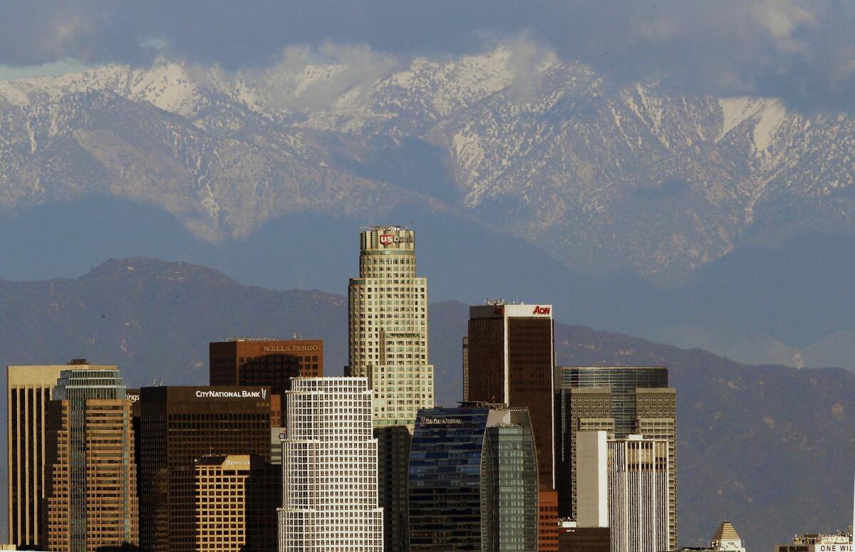 The U.S. Bank Tower rises above the other buildings in downtown Los Angeles.