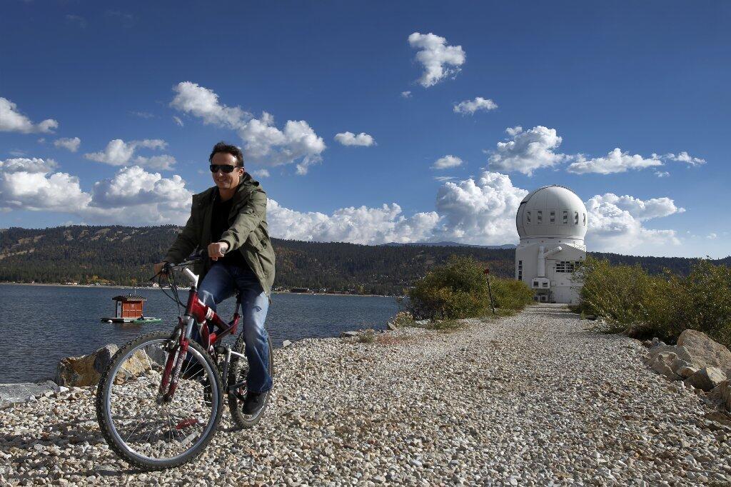 After a day of work at the Big Bear Solar Observatory, optical engineer Nicolas Gorceix rides his bike home.