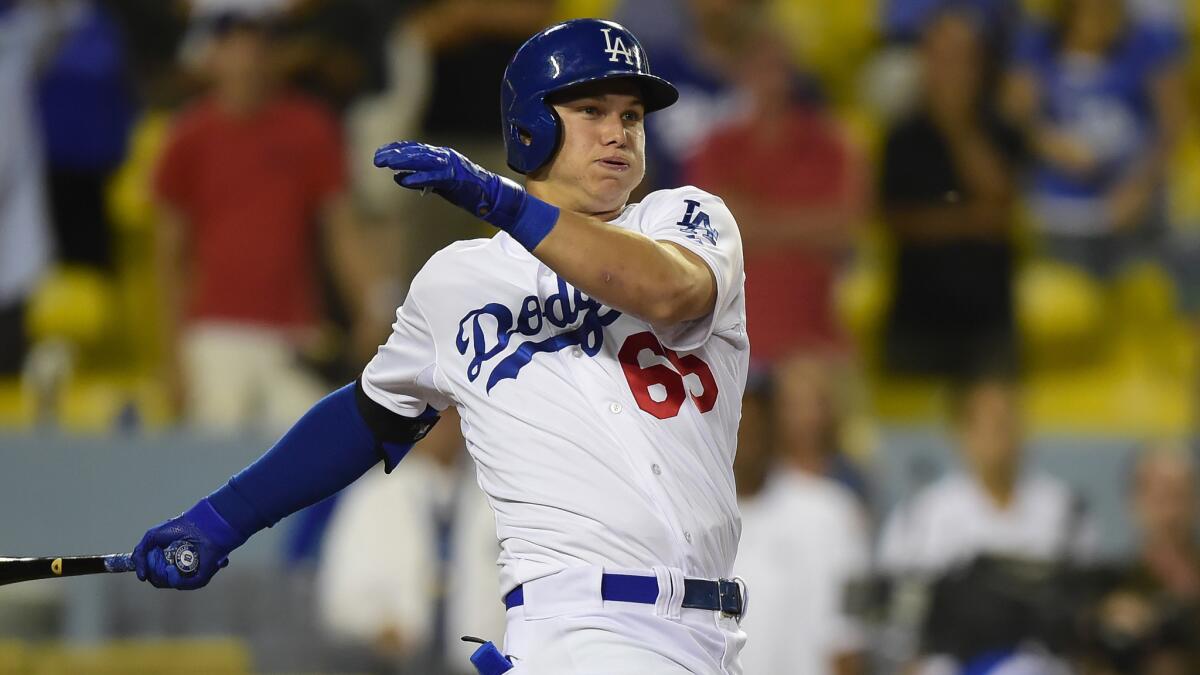 Dodgers center fielder Joc Pederson takes a swing during Monday's game against the Washington Nationals.