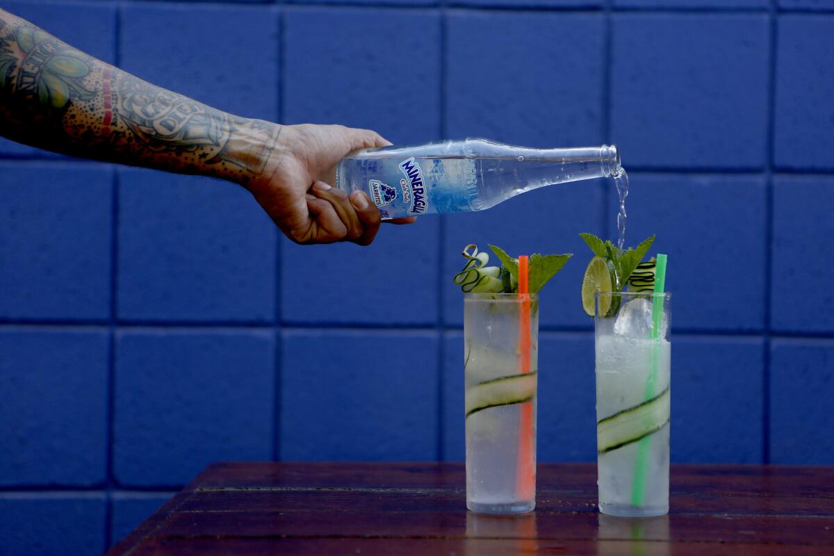 El Jaibolero is a drink made with tequila, soda, celery, coconut bitters, lime and cucumber at Salazar.