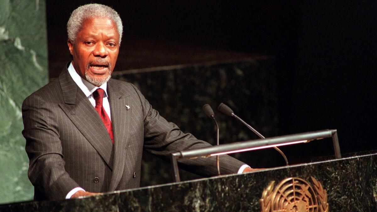 Kofi Annan, one of the world's most celebrated diplomats and a charismatic symbol of the United Nations, was the organization's first black African secretary-general.